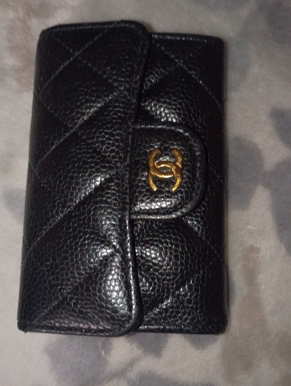 Black Quilted Leather Wallet with Gold CC Logo